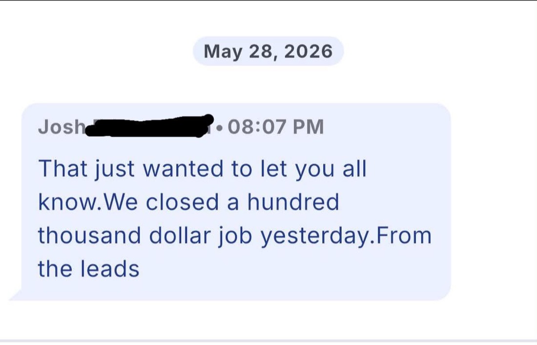 Customer message confirming a $100,000 project closed from a marketing lead